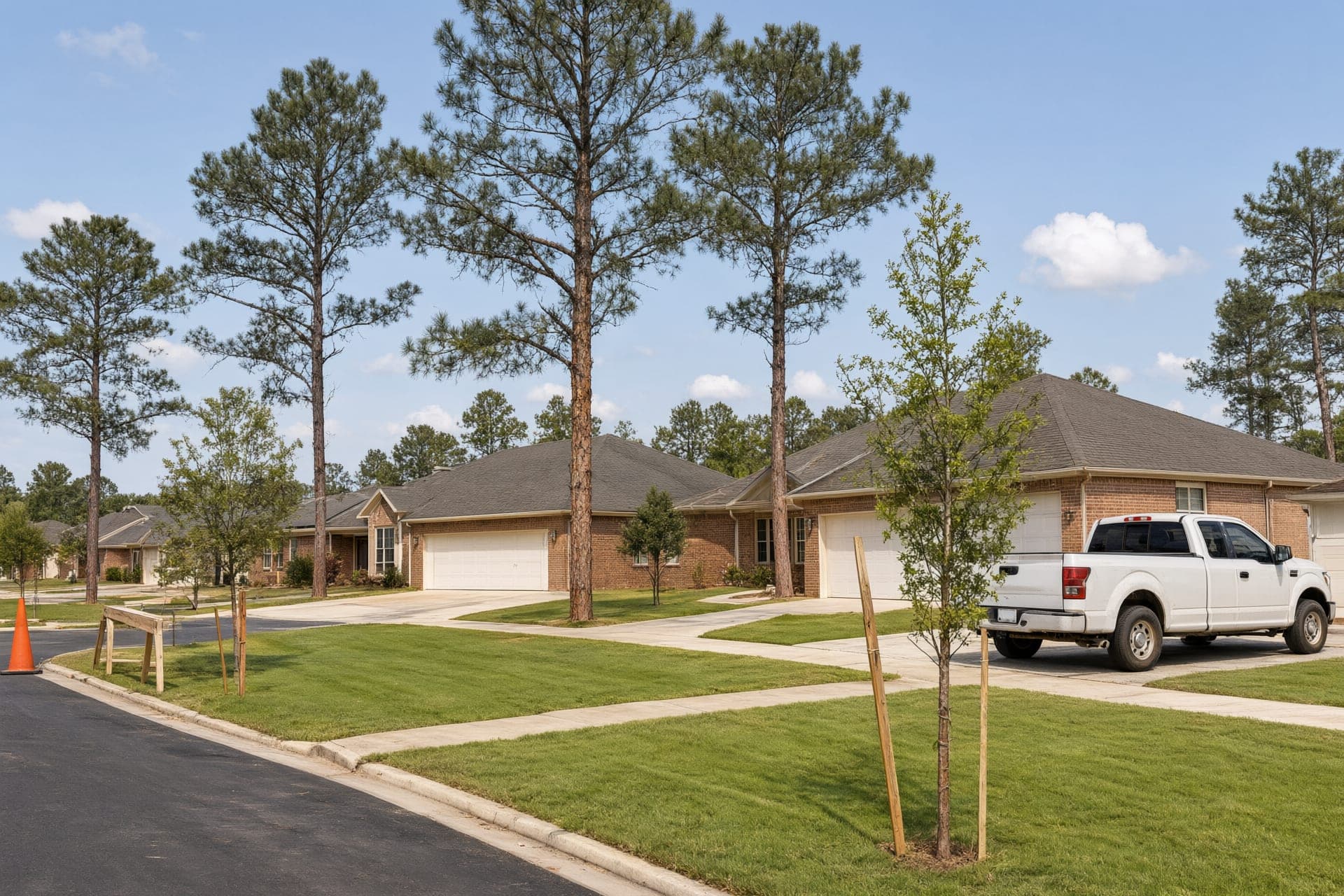 Newer subdivision homes with young trees and a few tall pines left standing, typical of Brookland, AR