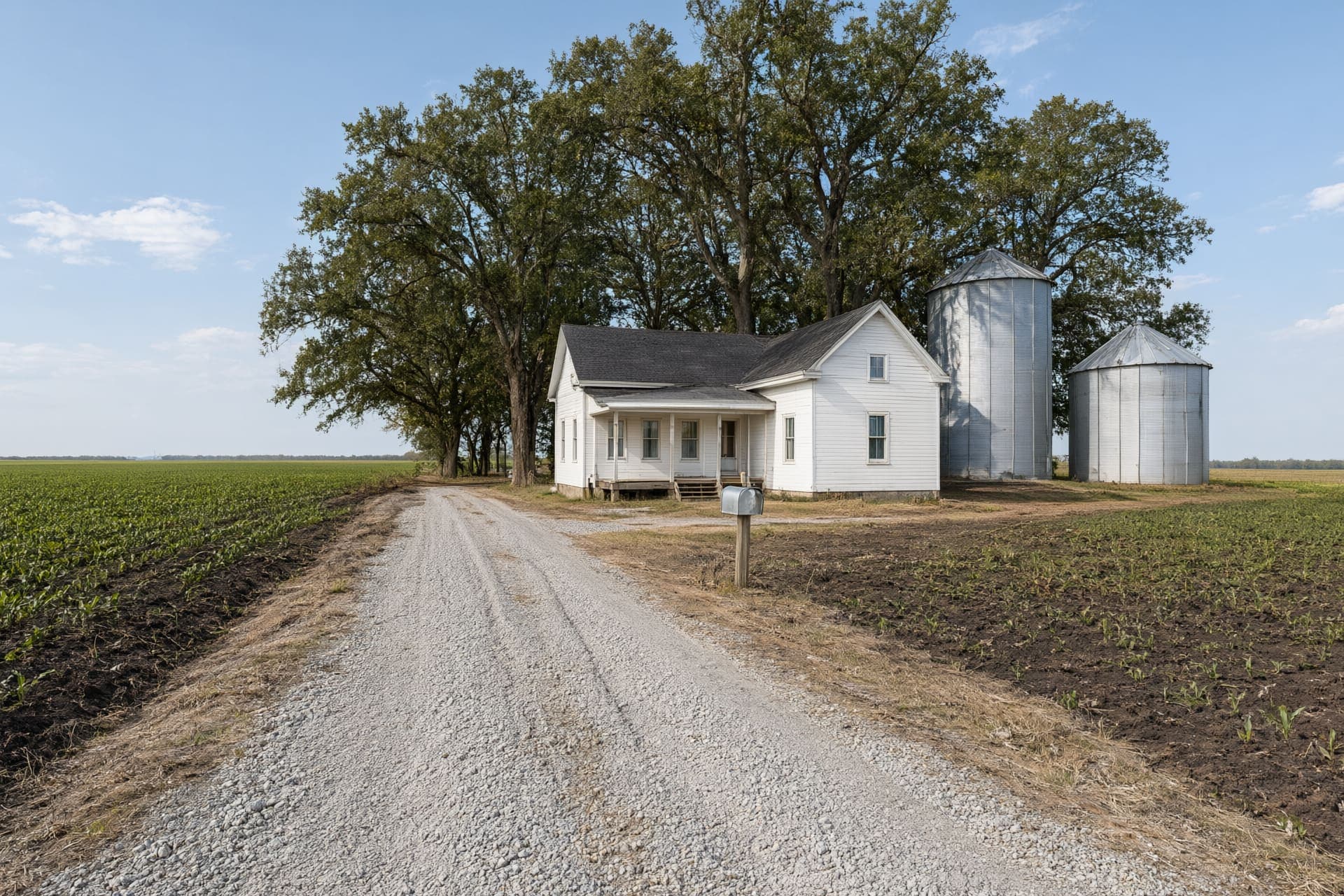 White farmhouse with a row of old shade trees and grain bins behind it, like the farms around Monette, AR