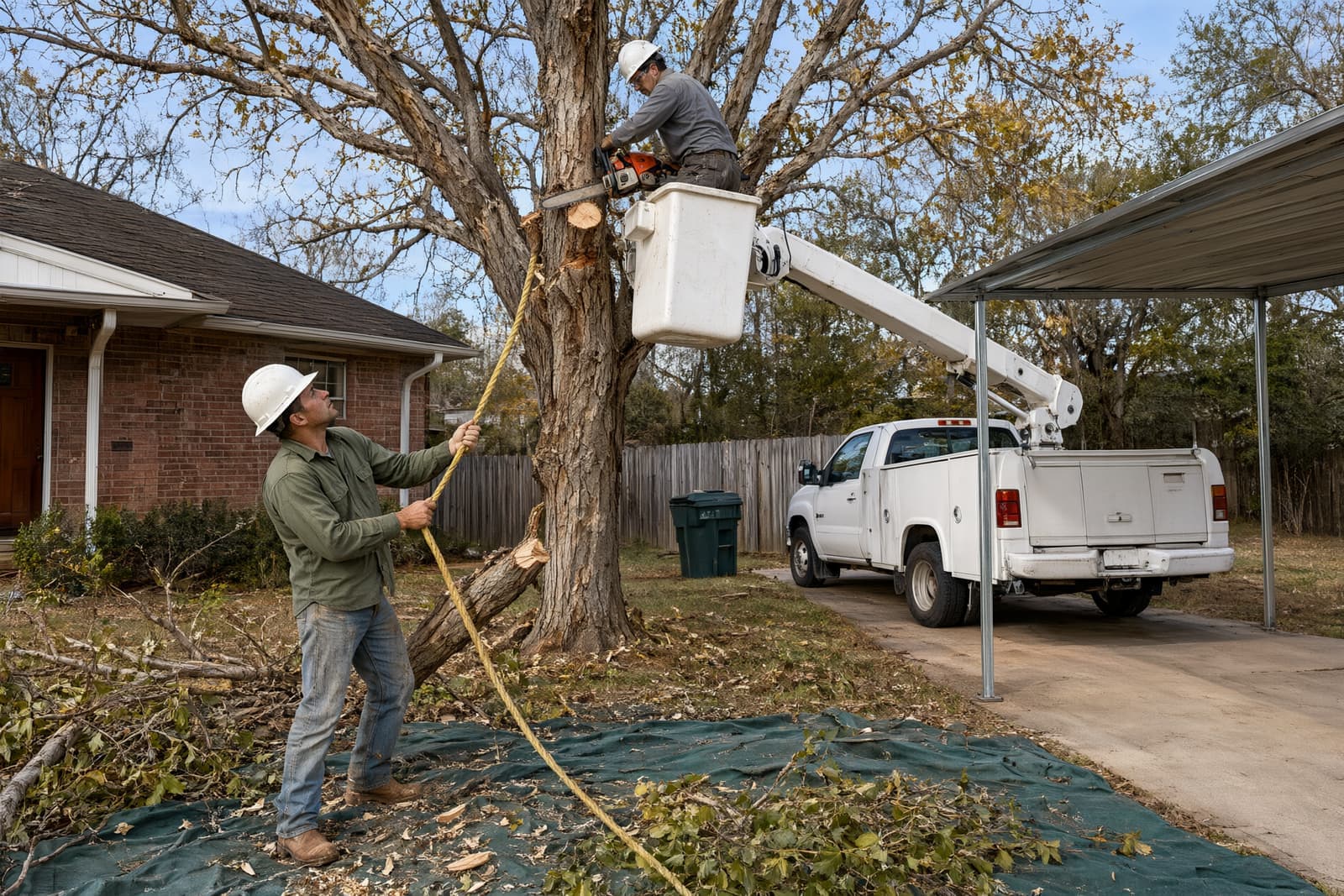Worker in a bucket truck cutting a dying maple down in sections between a brick house and a metal carport while a ground worker holds the rope
