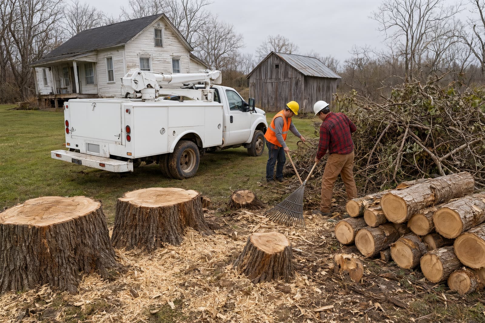 Freshly cut stumps, stacked logs and a brush pile near an old farmhouse and barn, with a bucket truck parked on the grass and two workers raking