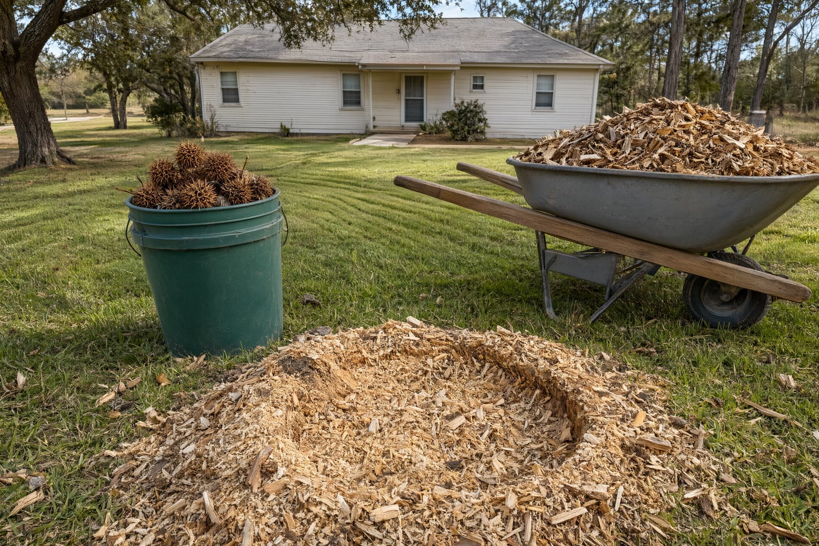 Raked front yard where a sweetgum stump was ground out, with a heap of chips, a bucket of spiky sweetgum balls and a wheelbarrow of chips