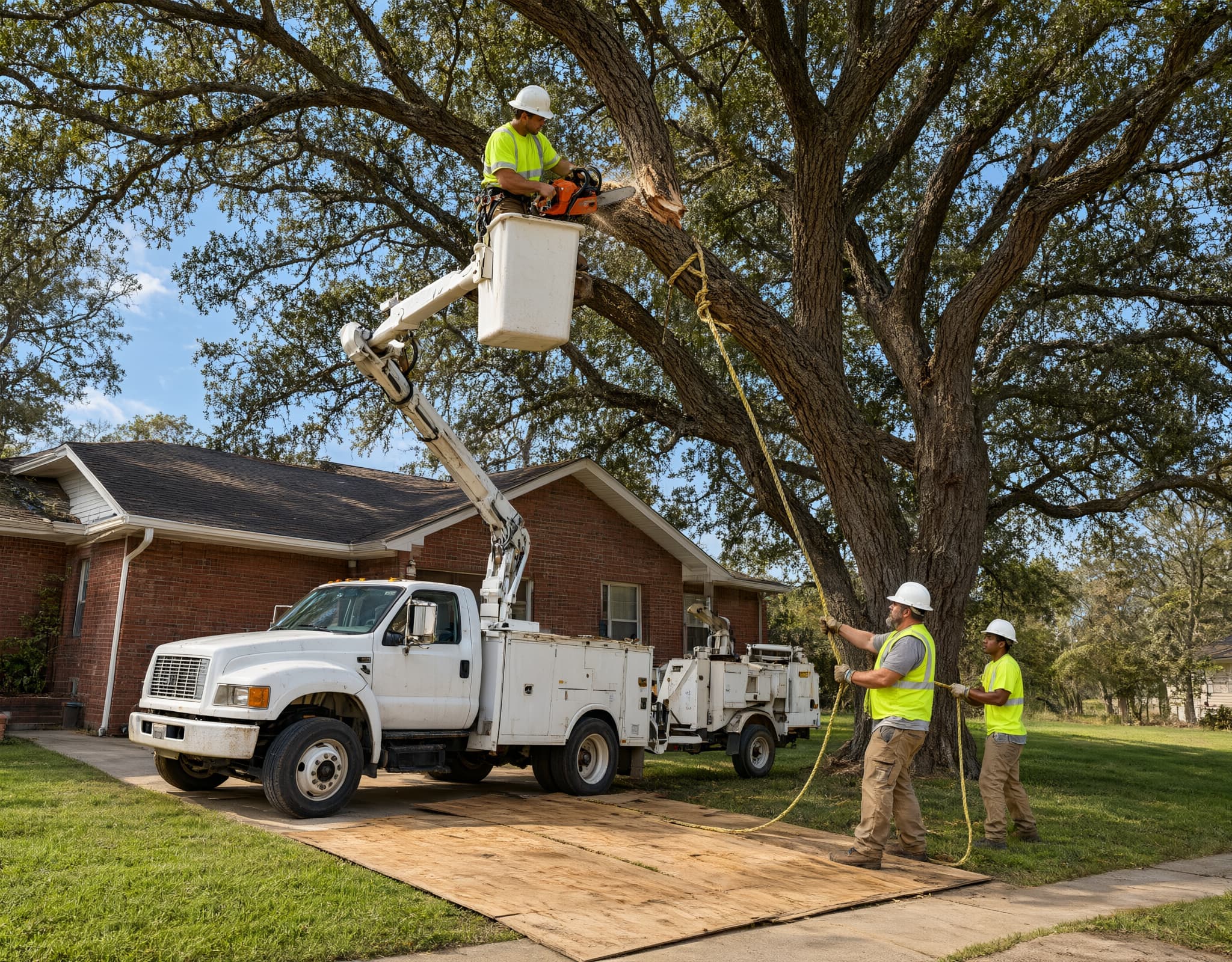 Tree service crew in Jonesboro, AR taking down a big oak beside a brick ranch house, one worker cutting from a bucket truck while two hold the lowering rope