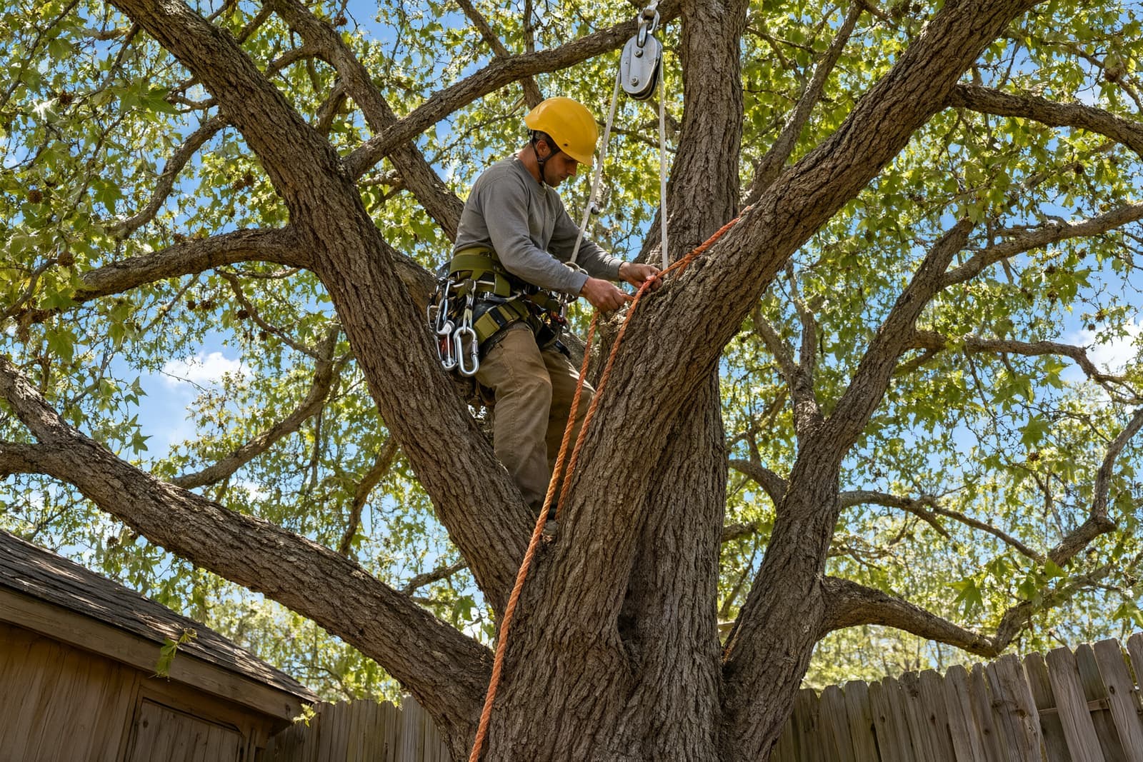 Tree climber in a harness and helmet tying a lowering rope around a limb, a pulley block above him, over a backyard fence